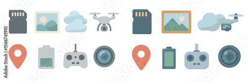 Digital icons representing photography and drone equipment with cloud motifs and landscape designs for modern technology use