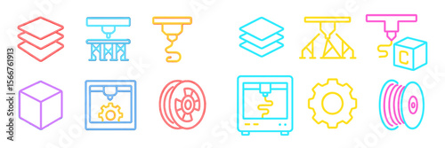 Colorful icons representing various 3D printing technologies and processes in a modern design setting