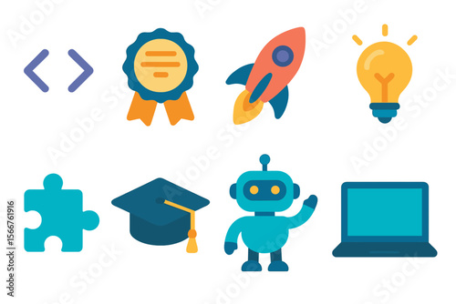 Creative icons representing technology, education, and innovation in digital learning environments
