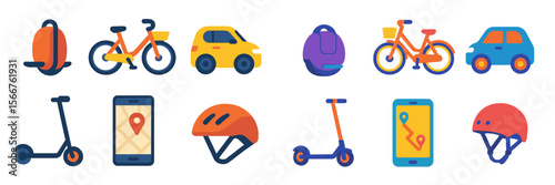 Various colorful icons depicting transportation modes and accessories in a modern urban setting