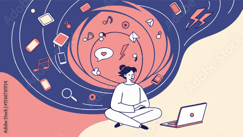Woman working on laptop with social media icons around her for digital marketing and content creation