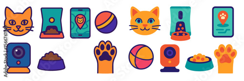 Colorful illustrations of pet care items showcasing cat food, toys, and monitoring devices designed for cat owners at home