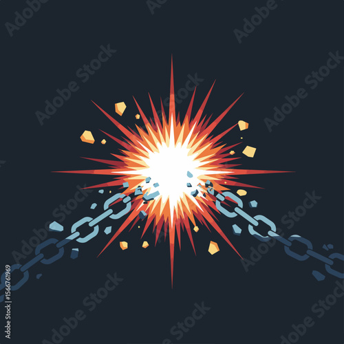 Breaking chain shown with bright explosion against a dark background is powerful. Breaking chain signifies overcoming obstacles, demonstrating independence and strength. Concept breaking chain,