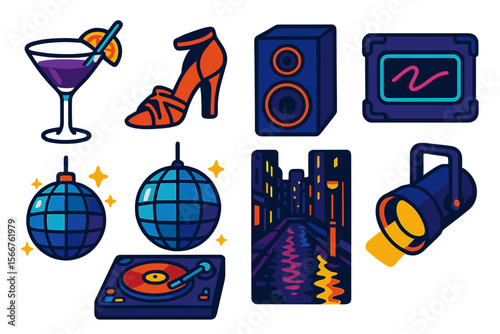 Colorful icons depicting a vibrant nightlife scene featuring drinks, music, and dancing elements