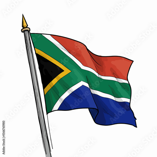 South Africa flag waving with golden finial and silver pole on white background. South Africa flag showcases national pride and cultural representation.