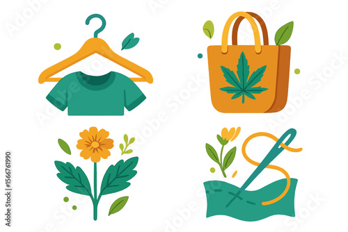 Fashion elements showcasing eco-friendly designs with clothing, accessories, and crafting