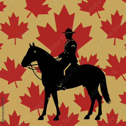 Mountie riding horse as Canada Day illustration with red maple leaf background. Mountie riding horse dressed in iconic uniform with horse,