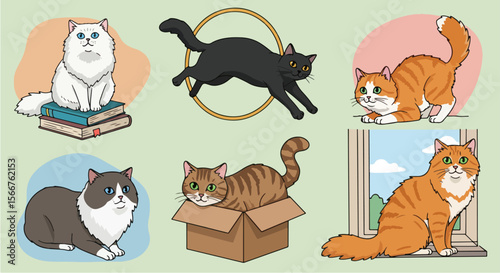 Cats illustration featuring diverse breeds and playful poses in detailed artwork. Cats illustration shows various feline friends engaging in different activities,