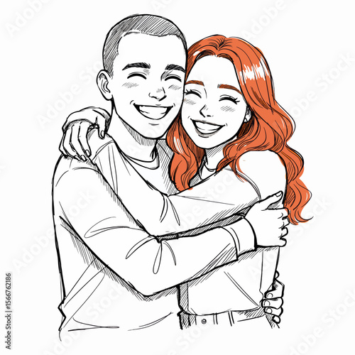 Embracing couple smiling with joy in an illustration, portraying youthful exuberance, depicts warmth and connection. Embracing couple in a loving hug, representing shared happiness and intimacy.