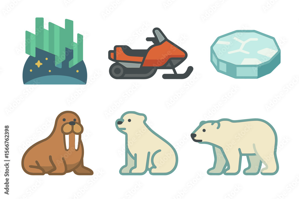 Obraz premium Polar adventure featuring wildlife and winter activities in a snowy landscape with northern lights