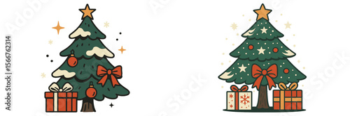 Festive Christmas trees adorned with ornaments and gifts during holiday season celebration