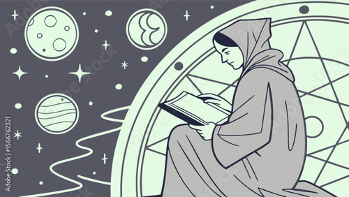 Astronomy study astrology reading monk planets stars celestial knowledge universe learning esoteric art