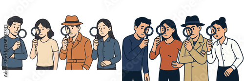 Six individuals examining clues with magnifying glasses in a group investigation setting