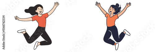 Two women joyfully jumping with arms raised in celebration against a plain background