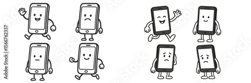Cartoon phones expressing various emotions and movements in a playful manner during an animated scene