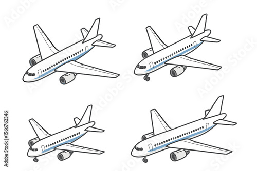 Multiple views of a commercial airplane showcasing design features and flight potential