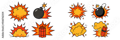 Explosive cartoon illustrations featuring bombs and dynamic explosions set against a white background