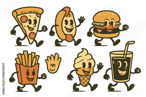 Fun cartoon characters of fast food running happily together in a playful scene