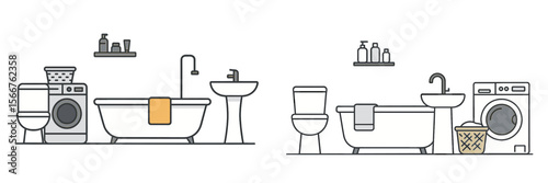 Comparative illustration of two bathroom styles featuring laundry elements and minimalist design