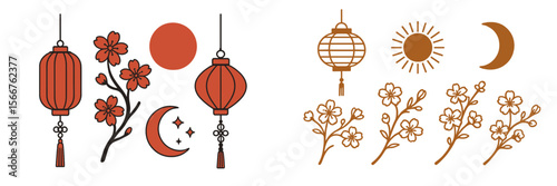 Decorative symbols featuring lanterns, moon phases, and cherry blossoms for seasonal celebrations