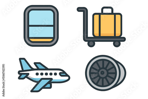 Travel preparations at the airport with luggage, airplane, and window view during daylight hours
