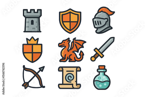 Fantasy themed icons depicting a castle, knight, dragon, and various medieval elements for games and storytelling