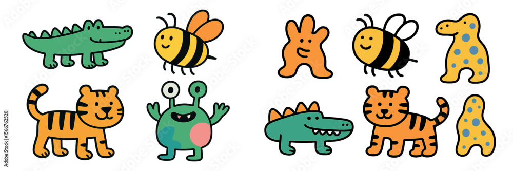 Naklejka premium Colorful cartoon animals and insects in playful designs showcasing creativity and fun characters