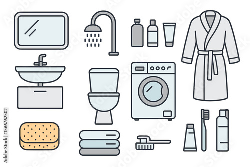 Bathroom essentials arranged neatly, including toiletries and laundry items, captures daily routine at home in a contemporary setting