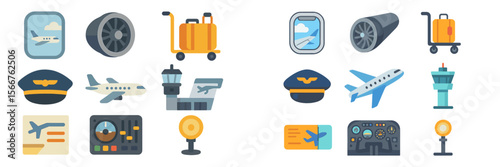 Icons representing air travel and aviation elements including planes, pilots, and airport equipment