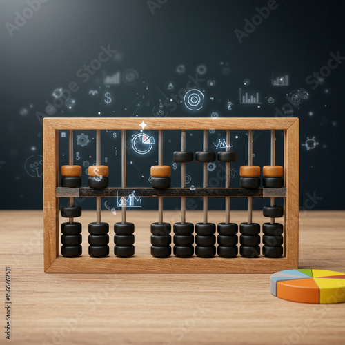 Focused concept of finance and business technology. traditional abacus for calculation with modern digital data and analysis icons, blend showing innovation and evolution