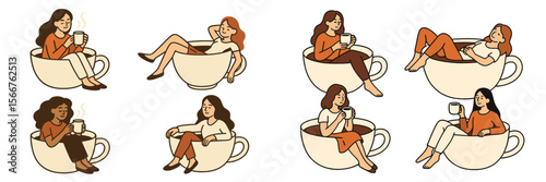Women enjoying cozy moments in oversized coffee cups during a relaxing afternoon at home