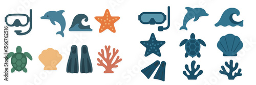 Colorful marine life icons featuring dolphins, turtles, corals, and snorkeling gear on a light background