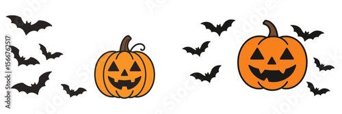 Halloween decorations featuring orange pumpkin and flying bats in a playful and festive arrangement for autumn celebrations
