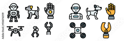 Various robotic icons and animals showcasing the connection between technology and nature in modern design