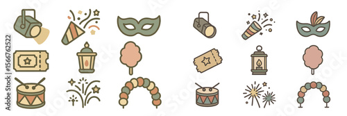Colorful carnival icons featuring masks, lights, and festive elements for celebration and entertainment
