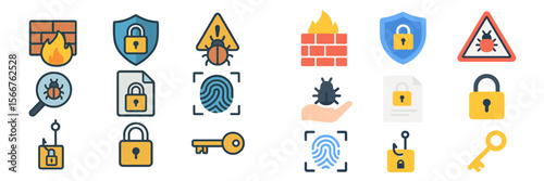 Collection of security icons depicting various cybersecurity elements and tools related to data protection and risk management