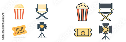 Movie theater essentials with popcorn, film tickets, and director's chairs in a fun graphic design
