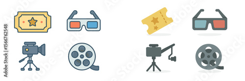 Collection of cinema and entertainment icons representing film, tickets, and viewing experiences