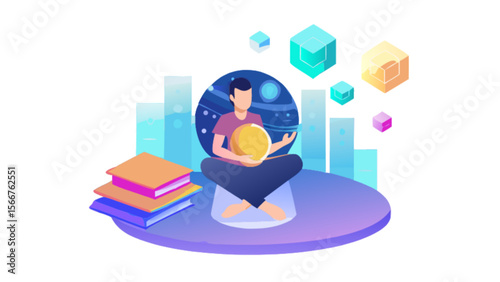 Illustration of man meditating with books and cubes for learning and concentration concept design vector