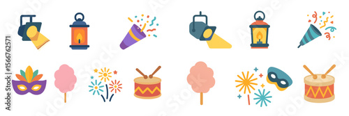 Colorful festival decorations and festive symbols display vibrant celebration atmosphere at nighttime gather