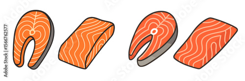 Different cuts of salmon displayed on a white background, showcasing various shapes and textures of the fish