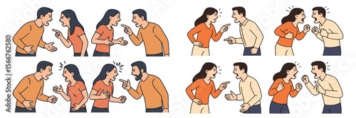Couples arguing in various scenarios showing different emotions and body language in a domestic setting
