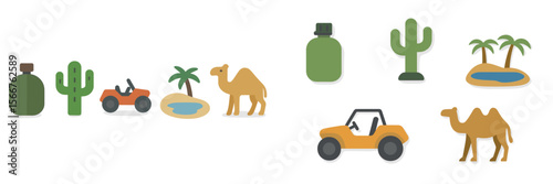 Desert adventure featuring camels, cacti, off-road vehicles, and natural elements in a vibrant landscape setting