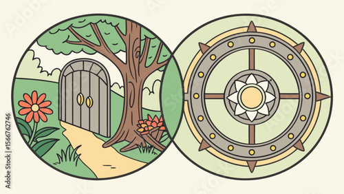 Mystical garden gate and dharma wheel graphic design for spiritual journey and inner peace illustration