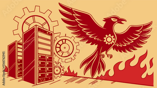 Phoenix server migration and database recovery with gears and fire for data center resilience and backup