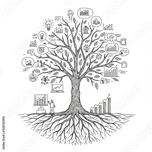 Inspiring sketch of business growth concept. tree with deep roots and branches holding data and information icons represents financial analysis and success for corporation