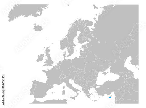 Map of Europe with country borders, featuring Cyprus highlighted in blue. Simple flat style ideal for infographics, education, presentations, or geopolitical content.