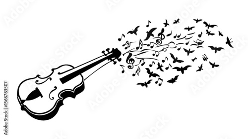 Violin music notes and birds design for wall art sticker musical instrument vector illustration isolated art