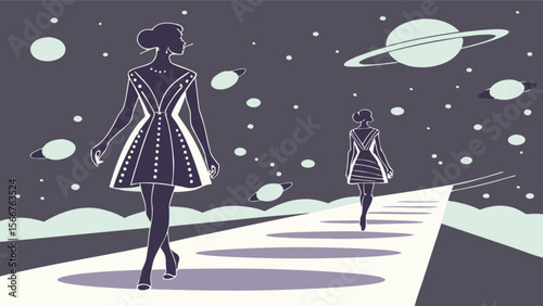 Fashion illustration of women walking on a runway in space with planets and stars vector graphic art