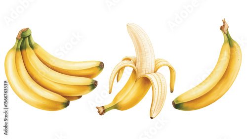 Ripe yellow bananas peeled and unpeeled fruit